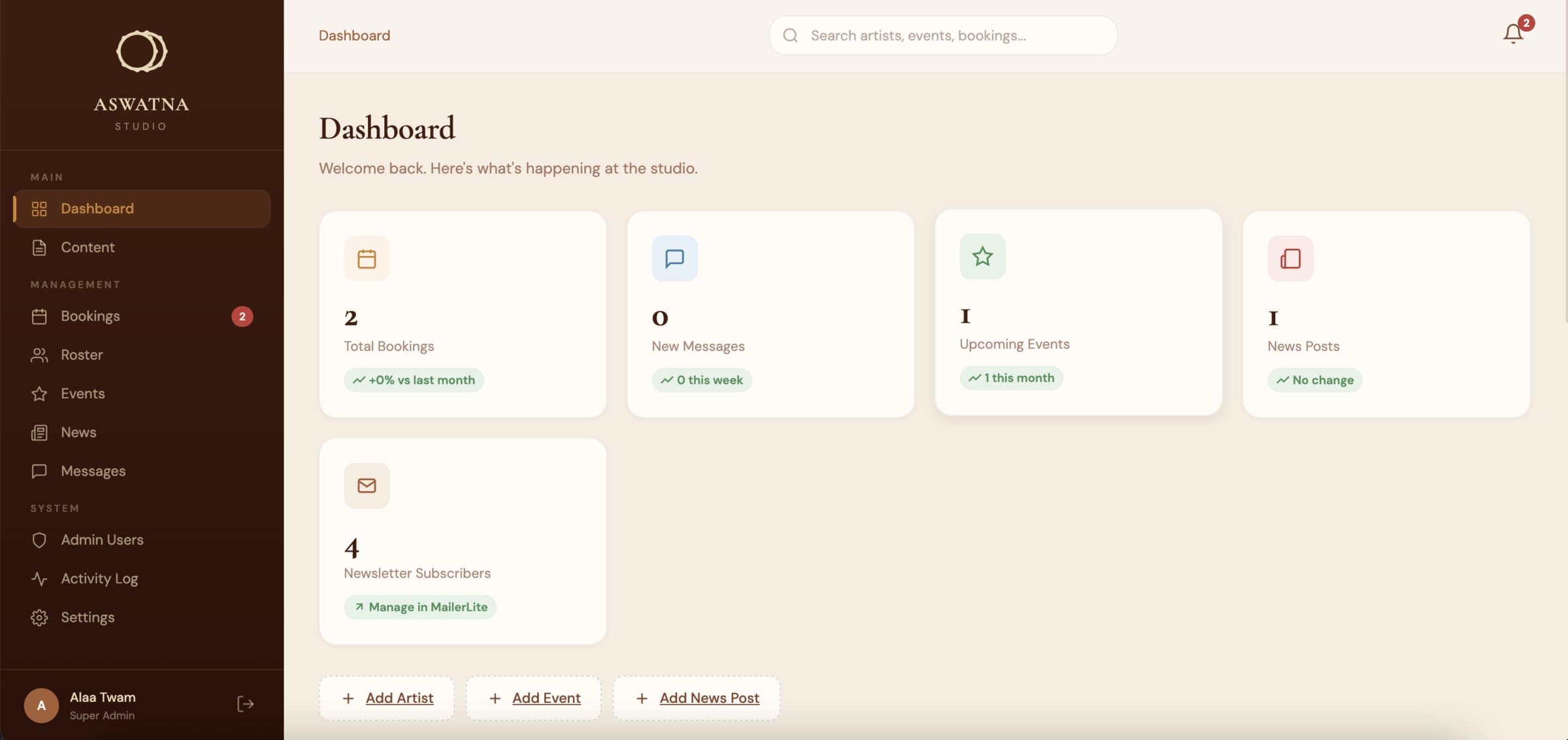 Aswatna Studio dashboard