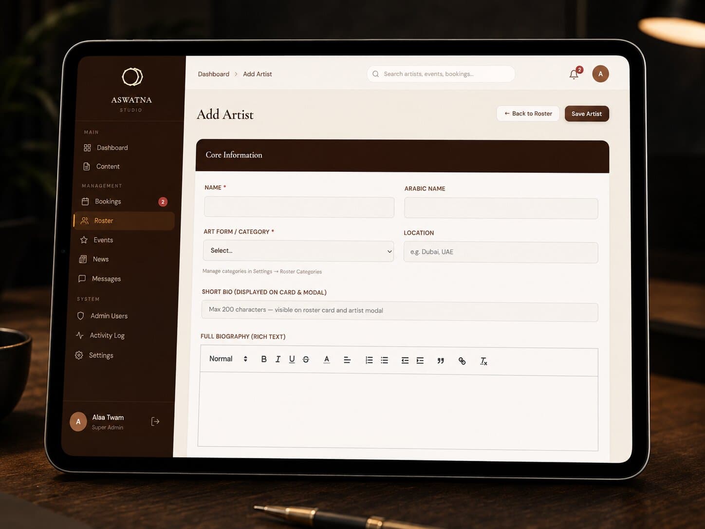 Aswatna Studio dashboard views